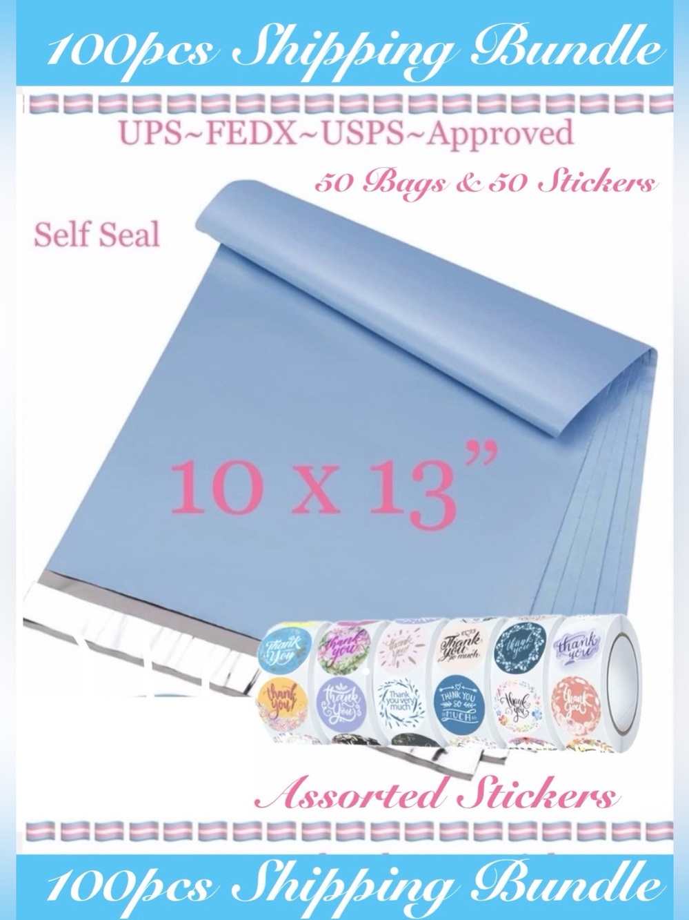 100pcs  ~ Shipping Package Kit ⭐️50-Poly Mailers⭐️50 -TY Stickers⭐️🆕⭐️